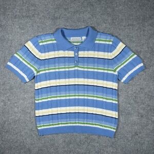 Alfred Dunner Polo Shirt Women Size Small Striped Blue White Cuffed Short Sleeve